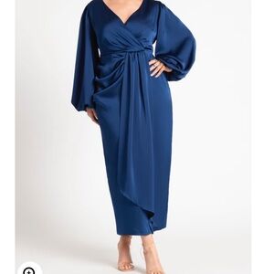 Eloquii Satin Elegant Navy Blue Wrap Midi Dress